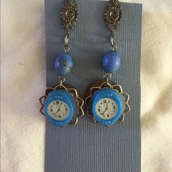 Handmade Dangling Earrings Clocks and Blue Beads - Picture 1 of 2